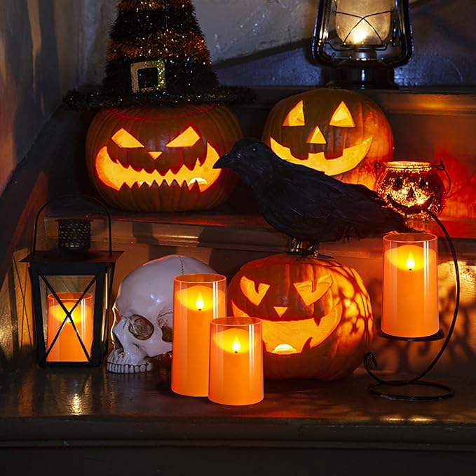 NURADA Flameless Candles with Remote Timers - 3D Wick Battery Operated LED Electric Fake Candles Realistic for for Halloween Thanksgiving Dinner Tables Wedding Party Home Fall Decor - 3 Pack Orange