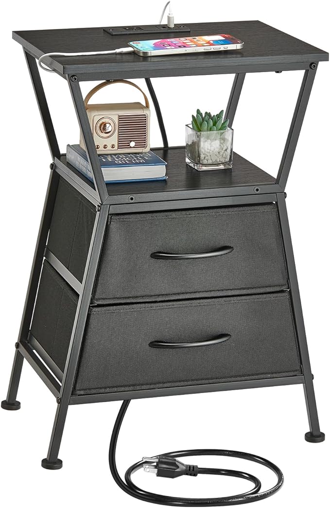 Nightstand with Charging Station, Side Tables for Bedroom with Built-in USB Side Table with 2 USB Ports and Outlets Nightstand with Cloth Drawer End Tables Living Room Sofa Couch