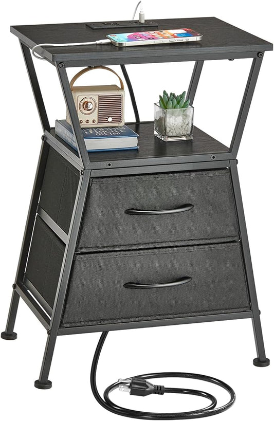 Nightstand with Charging Station, Side Tables for Bedroom with Built-in USB Side Table with 2 USB Ports and Outlets Nightstand with Cloth Drawer End Tables Living Room Sofa Couch