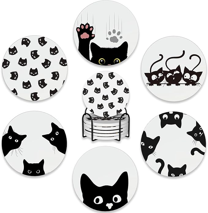 Drink Coasters Set of 6 with Holder,Cute Black Cat Absorbent Ceramic Coasters with Cork Base,Fit All Cups,Tabletop Protection Mat for Mugs and Cups,Office,Kitchen