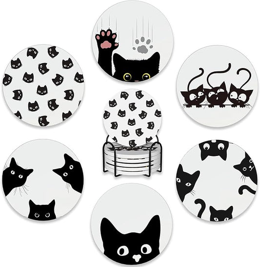 Drink Coasters Set of 6 with Holder,Cute Black Cat Absorbent Ceramic Coasters with Cork Base,Fit All Cups,Tabletop Protection Mat for Mugs and Cups,Office,Kitchen