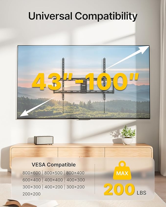 monTEK Heavy Duty Fixed TV Wall Mount for 43–100 Inch TVs up to 200 lbs, 1.2" Ultra Slim Low Profile Wall Mount Bracket, Max VESA 800x600mm, Fits 16"/18"/24" Wood Studs, Secure Space-Saving Design