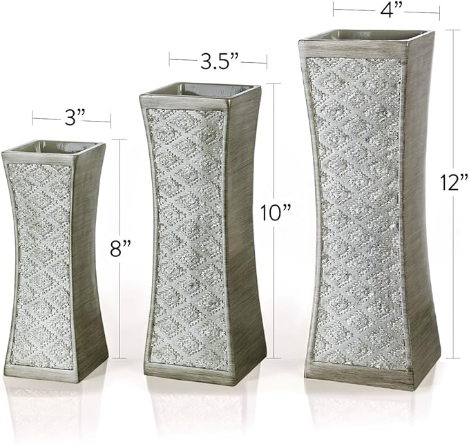 Creative Scents Dublin Silver Vases Set of 3 - Centerpieces for Dining Room Table, Decorative Vases Home Decor Accents for Living Room, Bedroom, Kitchen, Coffee Table Decor - Packaged in Gift Box