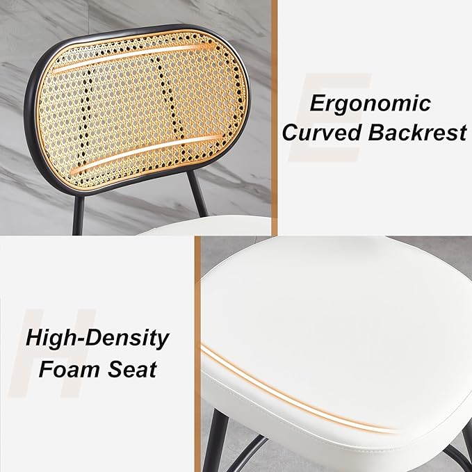 26" Rattan Barstools Set of 2, Counter Height Bar Chair with Black Metal Legs, Modern Armless PU Leather Pub Chair,Adjustable Feetpads Stools for Home Counter,Kitchen Dining Island,Cafe(White)