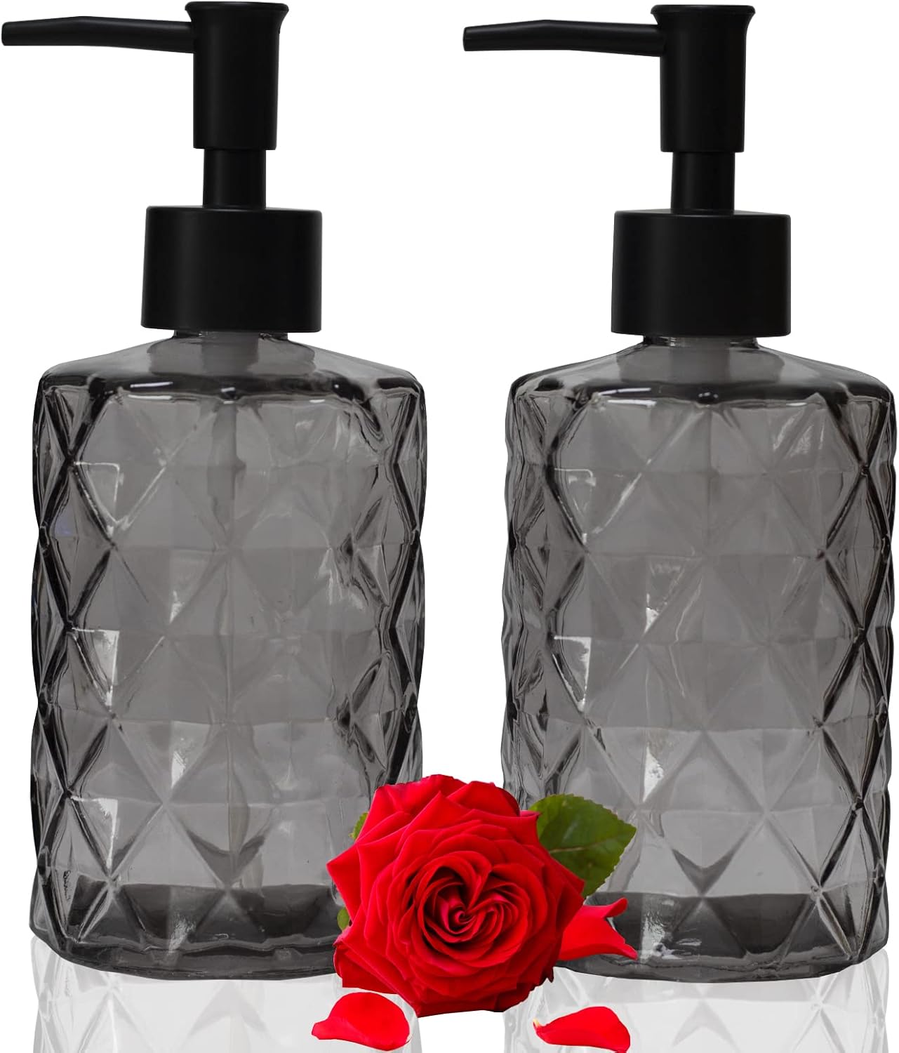 Glass Soap Dispenser with Black Plastic Pump, 12oz Refillable Liquid Hand Soap Dispenser, 2 Pack Crystal Lotion Bottle for Modern Home Decor, Bathroom, Kitchen Countertop, Hotel