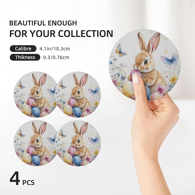 Easter Bunny Colorflu Eggs Coasters for Drinks Rabbit Wildflowers Butterfly Absorbent Ceramic Coaster Set of 4 for Coffee Table Cup Bar Desk Round Coasters Mat with Cork Base Seasonal Home Decors