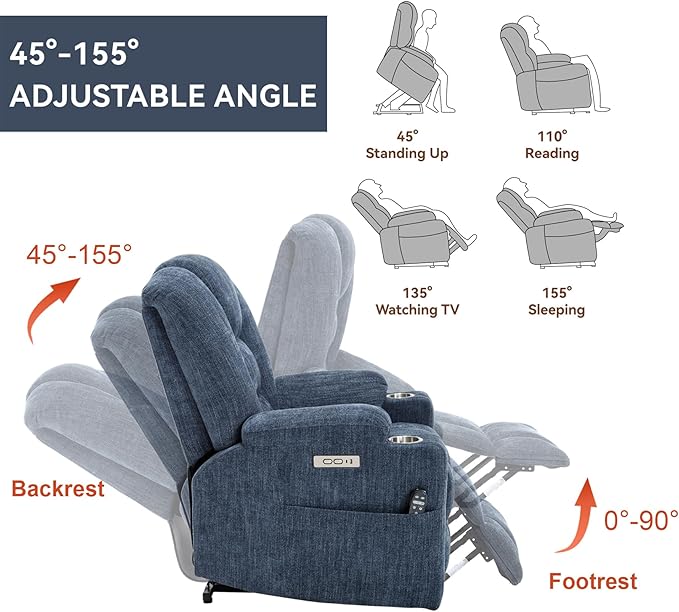 Large Power Lift Recliner Chair for Eldery, Overstuffed Wide Recliners with Massage and Heat, Electric Living Room Chairs with USB Charge Port, 2 Cup Holders, Blue