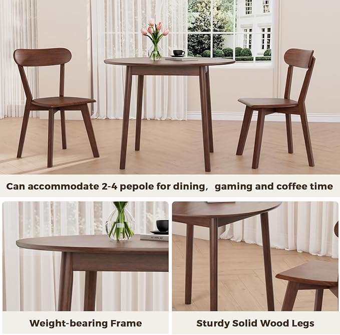 DELAVIN 31.5" Solid Wood Round Dining Table for 4, Farmhouse Small Kitchen Table for 2-4, Modern Office Table for Home Kitchen Apartment, Easy Assembly, Space Saving, Walnut