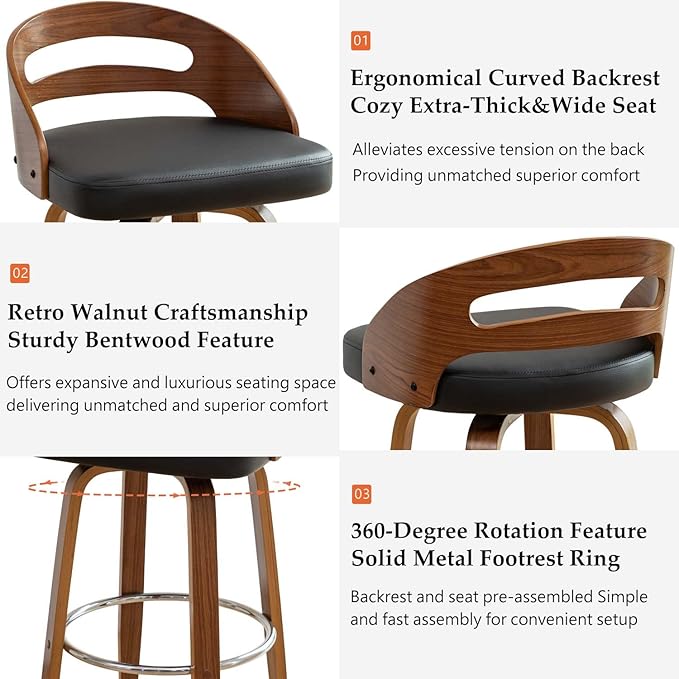 Bar Stools Set of 3, Swivel Bar Stools with Walnut Craftsmanship, Bentwood Curved Back, Upholstered Faux Leather, Soft Cushion Seat, Mid Century BarStools for Bar/Pub/Cafe (Black, 30" Seat Height)