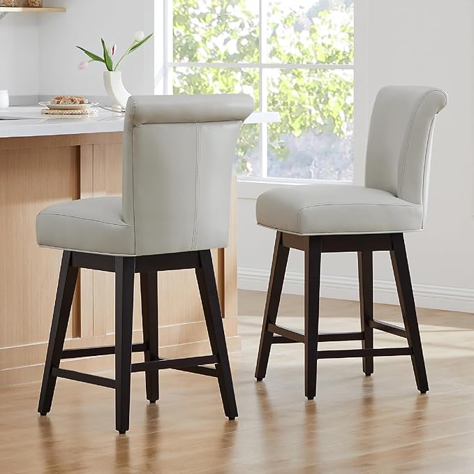 CHITA 26 Inch Counter Height Swivel Bar Stools Set of 2, FSC Certified Modern Upholstered Faux Leather Swivel Barstool Chair with Back, Creamy Grey