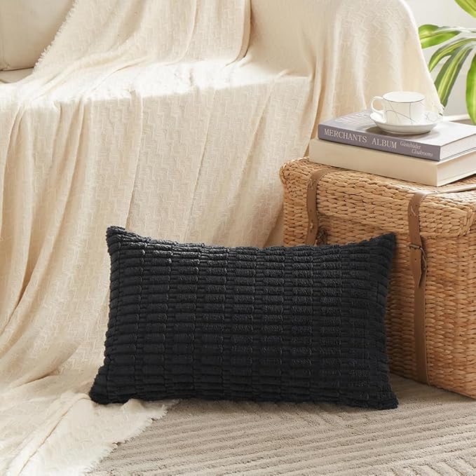 Fancy Homi 2 Packs Black Decorative Throw Pillow Covers 12x20 Inch for Living Room Couch Bed Sofa, Rustic Farmhouse Boho Home Decor, Soft Striped Corduroy Square Cushion Case 30x50 cm