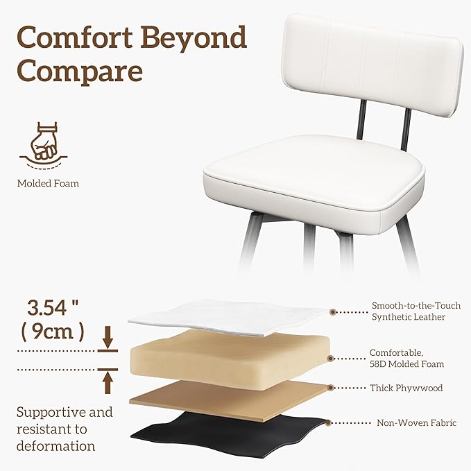 Swivel Counter Height Bar Stools Set of 3, 26 inch White Leather Kitchen Swivel Counter Stools with Backs, Metal Legs and Footrest, Bar Chairs for Kitchen Island