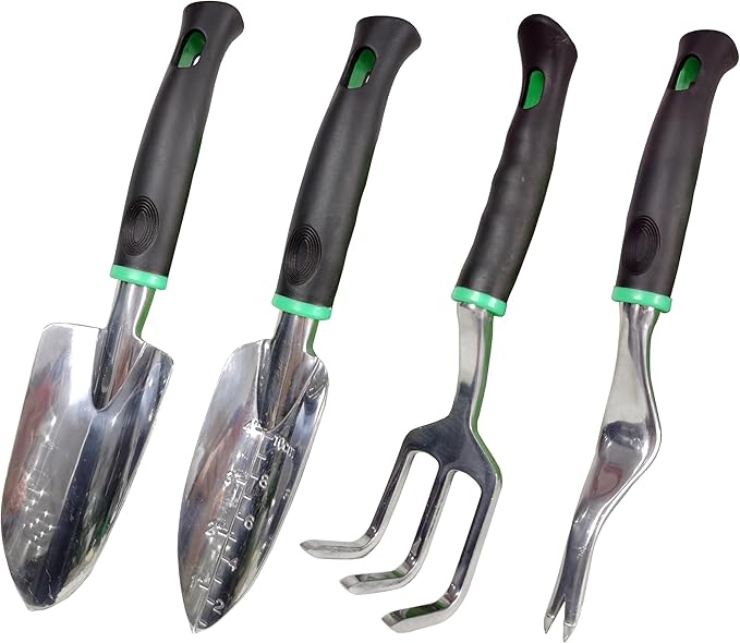 Garden Tools Set, 4 Piece Aluminum Hand Tool Kit with Ergonomic Handle, Heavy Duty Gardening Tools Include Hand Trowel, Transplant Trowel, Hand Rake and Weeder for Man and Women (Green)