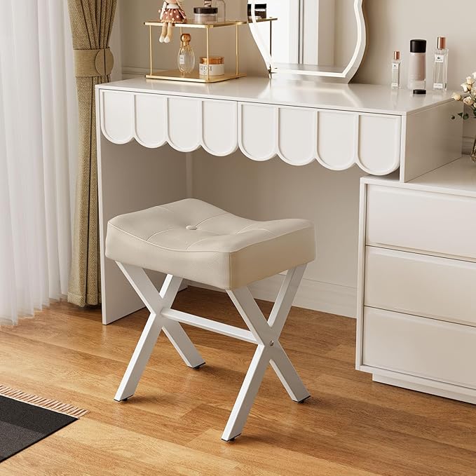 18-Inch Leather Vanity Stool Chair, Vanity Bench with Metal X-Leg, Ottoman Accent Stool with Thick Padded Saddle Seat, Beige
