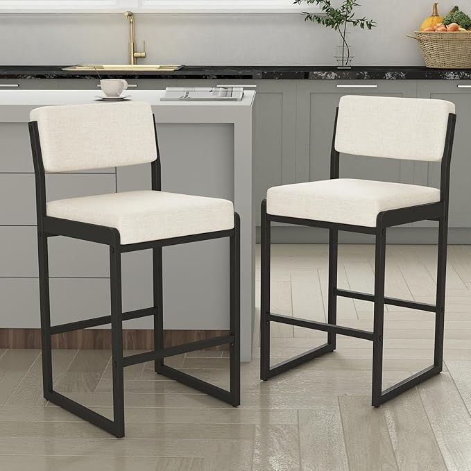 Mid Century Modern Counter Height Bar Stools Set of 3, 26" Bar Height Chairs with Backs, Upholstered Counter Stools, Metal Barstools for Kitchen Island (Beige- Fabric, 26" H - Set of 2)