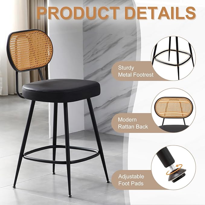 26" Rattan Barstools Set of 2, Counter Height Bar Chair with Black Metal Legs, Modern Armless PU Leather Pub Chair,Adjustable Feetpads Stools for Home Counter,Kitchen Dining Island,Cafe(Black)