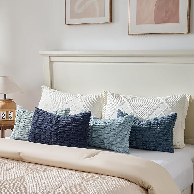 Fancy Homi Set of 4 Blue Lumbar Rectangle Decorative Throw Pillow Covers 12x20 Inch for Couch Bed Chair, Farmhouse Boho Room Decor, Soft Fuzzy Corduroy Textured Coastal Blue Cushion Case 30x50cm