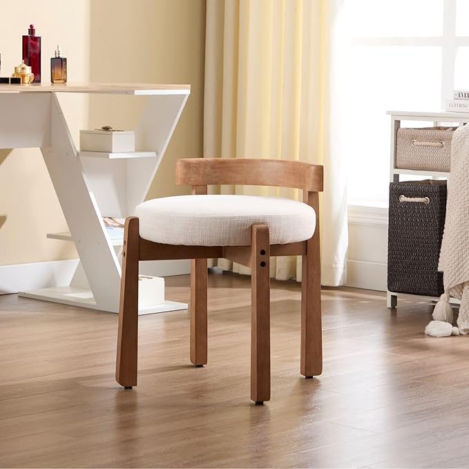 LukeAlon Cute Linen Upholstered Vanity Stool, Round Comfy Makeup Stool with Wooden Legs Small Ottoman Chair Mid Century Modern Padded Seat Footrest for Makeup Room Cloakroom Bedroom, Beige