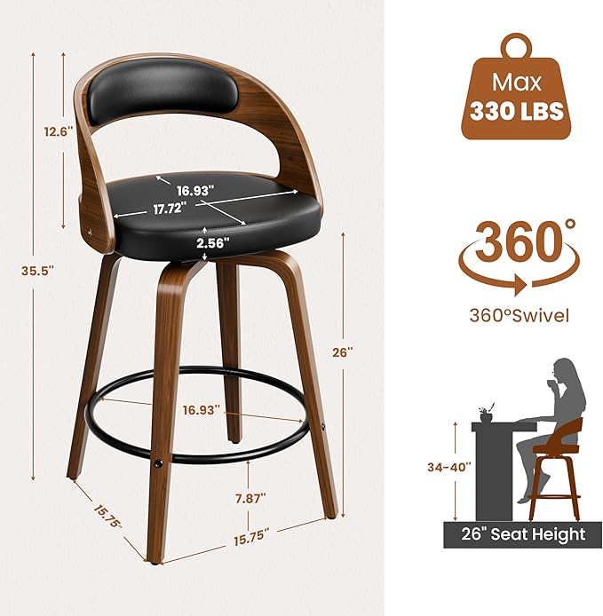 Bar Stools Set of 6, 26" Counter Height Barstools with Bentwood Legs, Swivel Counter Stools with Back, Mid Century Modern Faux Leather Upholstered Barstools for Kitchen Island, Black