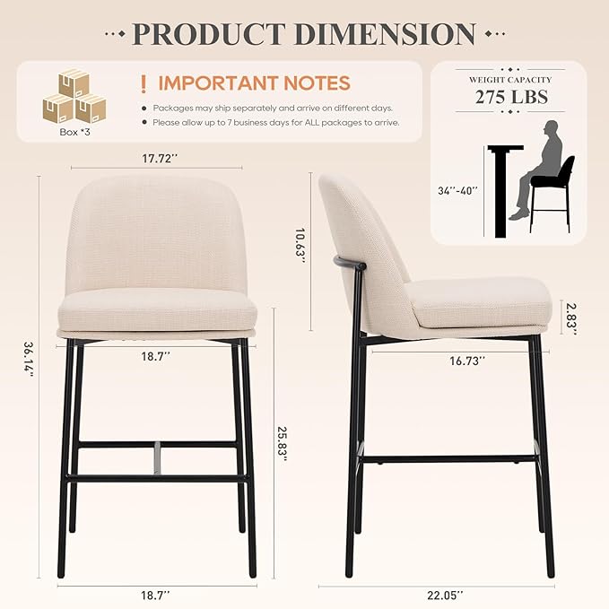 COLAMY Counter Height Bar Stools Set of 6, 25 Inch Modern Fabric Kitchen Island Stools with Back, Upholstered Counter Barstools Armless Bar Chairs with Metal Legs for Island Dining Room Bar, Beige