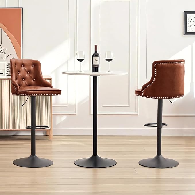 Modern Counter Stools Set of 2, Swivel Counter Height Bar Stools with Back and Armrests, 25'' to 33'' Adjustable Height PU Leather Bar Chairs with Rivets for Kitchen Island, Reddish Brown