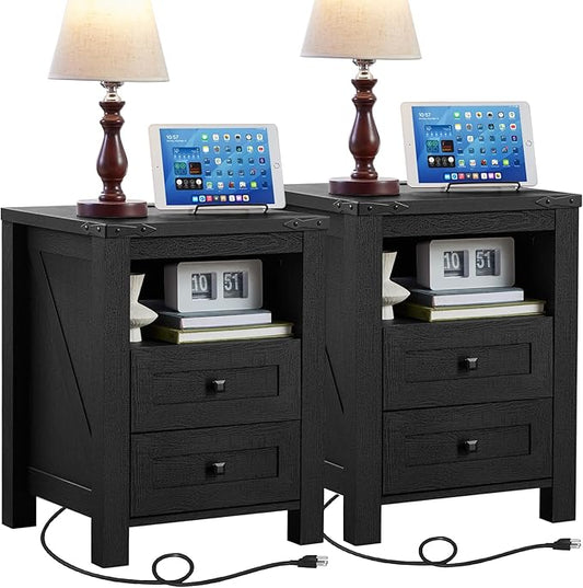 Night Stands with Charging Station Set of 2, Farmhouse Nightstand, Wooden Bedside End Tables with 2 Drawers and Open Shelf, Bed Side Table for Bedroom, Living Room, Closet, Office (Black)