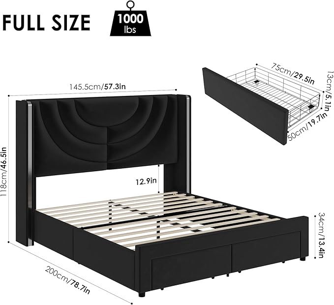 HITHOS Full Upholstered LED Bed Frame with 2 Storage Drawers, Velvet Platform Bed with Wingback Headboard, Solid Wooden Slats Support, No Box Spring Needed, Headboard Splicing Design, Black