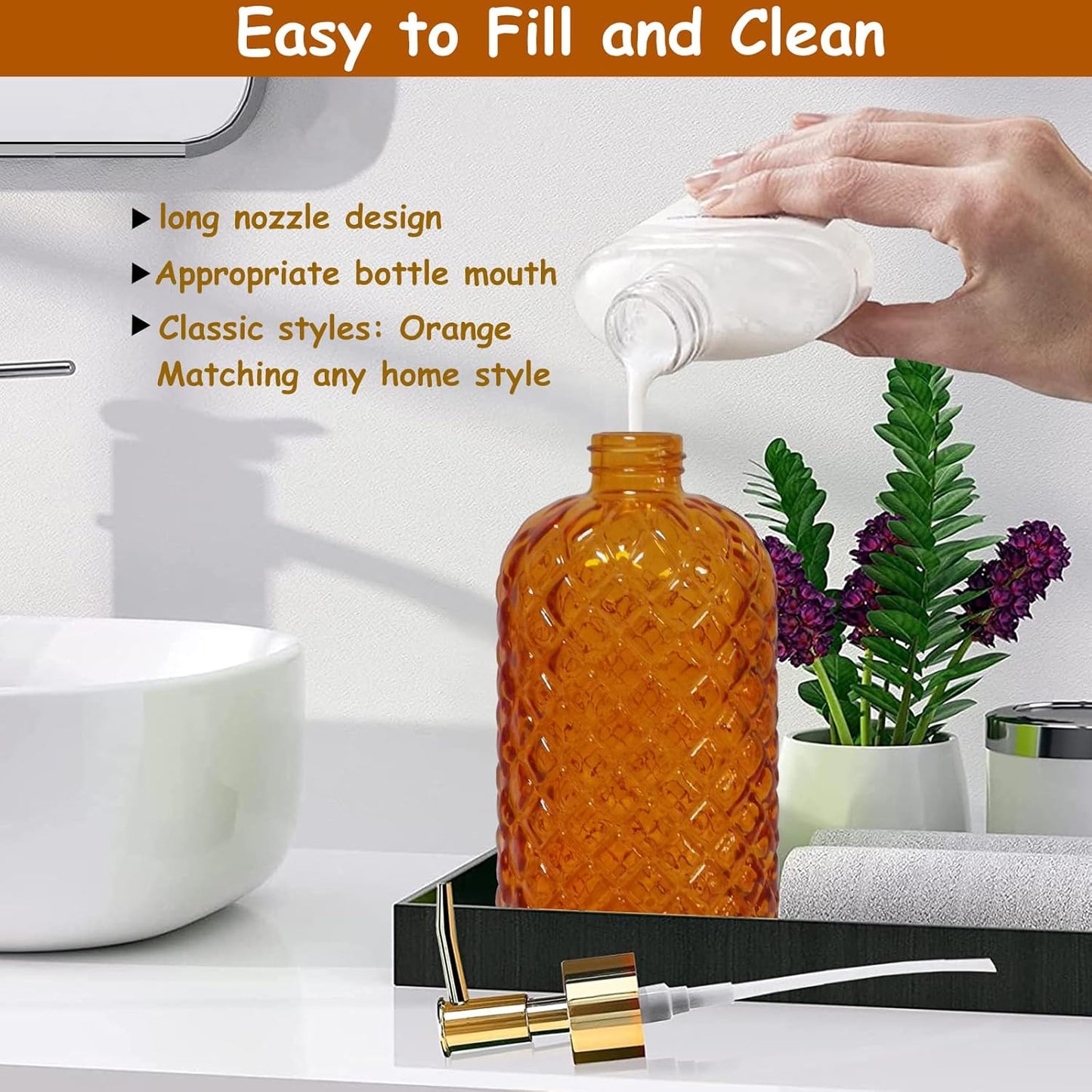 Orange Glass Soap Dispenser, 13.5oz Bathroom Hand Dispenser, Lotion Dispenser with Gold Plastic Pump for Modern Home Decor, Kitchen Countertop, Hotel(2 Pack)