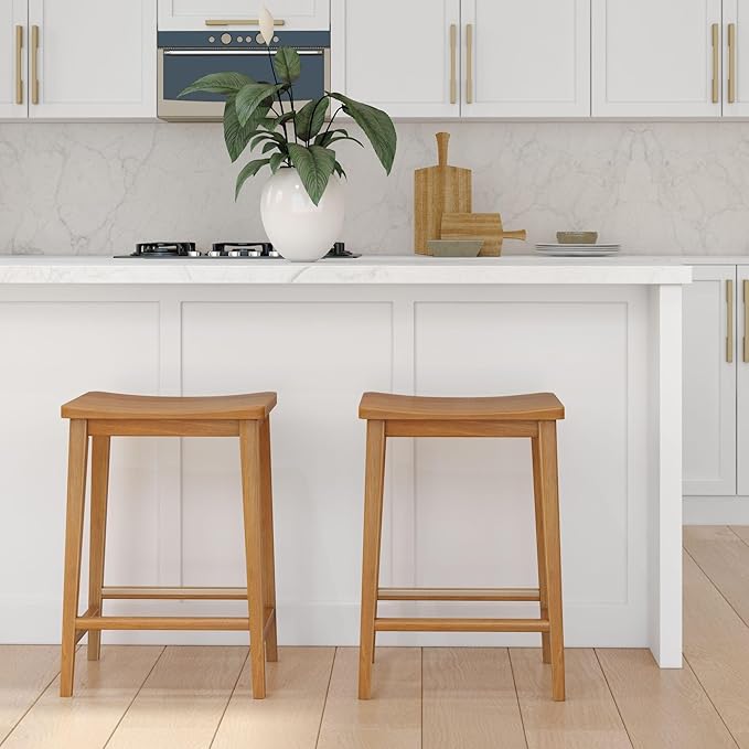 Plank+Beam Smythe Counter Stool, 24", Set of 2, Sturdy Wood Modern Kitchen Counter Height Stool, Saddle Seat Backless Counter Chair, Metal Footrest, Pecan