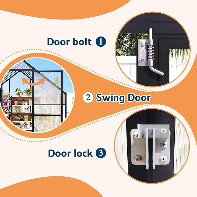 Jocisland 6x10x6.3 FT Polycarbonate Greenhouse for Outdoors with 2 Windows, Dual Swing Doors, Aluminum Walk-in Frame, Heavy Duty Garden Greenhouse for Backyard, Black