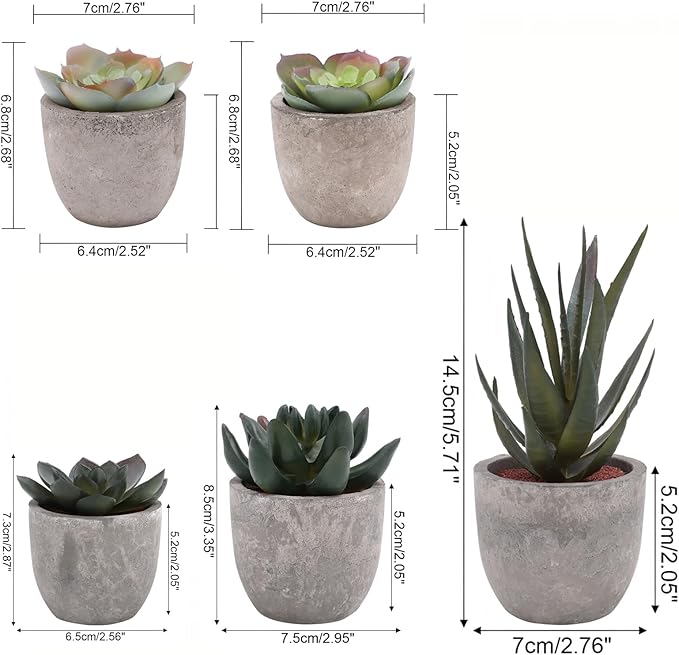 Set of 5 Artificial Succulent Plants in Pots - Lifelike Fake Succulents for Desk Decor, Low-Maintenance Home & Office Decor Gift