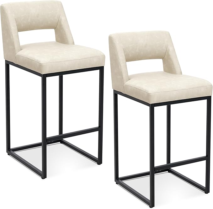 Counter Height Bar Stools Set of 2 for Kitchen Counter Modern Bar Chairs with Backs for Kitchen Island with Upholstered Faux Leather Seat and Metal Frame, Beige, 26 Inch