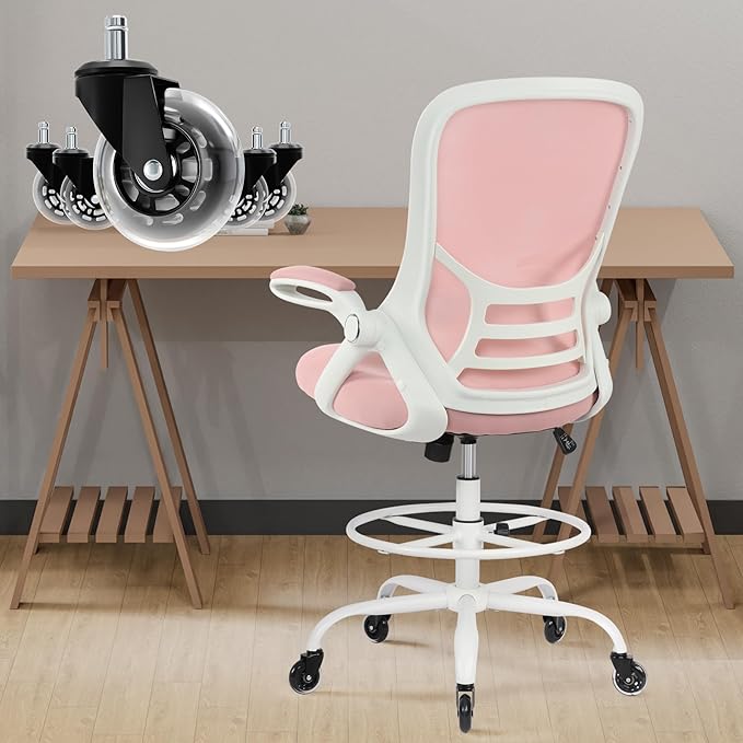 HYLONE Drafting Chair Tall Office, Ergonomic Standing Desk Stool Adjustable Drafting Chair Big Tall Drafting Office Chair Pink