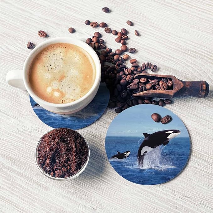 Killer Whale Leaping Drink Coasters Modern Aquatic Animal Jumping Sea Orcinus Orca Ocean Cetacean Housewarming Presentss for New Home Present for Friends,2 Pcs,4 X 4 X 0.35 Inches