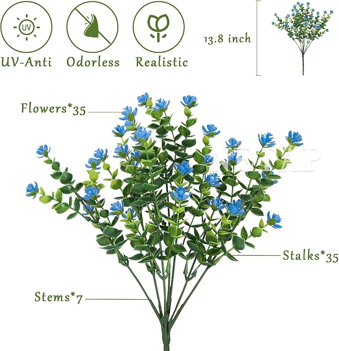 Outdoor Artificial Flowers UV Resistant, 20 Bundles Fake Realistic Floral Greenery Plants for Outside Porch, Window Boxes, Garden, Yard, Inside Home Table Decor,Blue