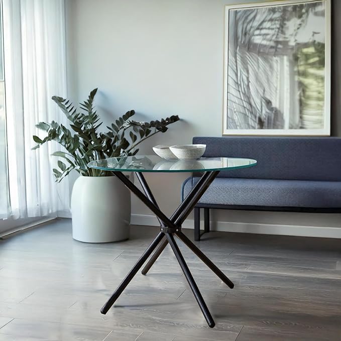 Fab Glass and Mirror 36" Flat Round Hydra Breakfast Table, Clear 1/2" Thick Glass Dining Table Round with Black Finish Base, Glass Kitchen Table, Elegant Gold Dining Table for Dining Room