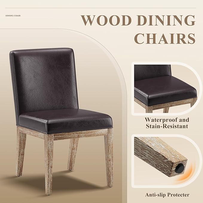 Wooden Dining Chairs Set of 4, Modern Leather Upholstered Dining Room Chair, Kitchen Side Chairs, Farmhouse Dinner Chair with High Back for Kitchen, Brown