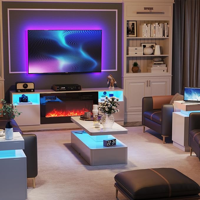 oneinmil Modern Stylish Coffee Table with 16 Colors LED Lights, Double-Layer Design for Living Room, White