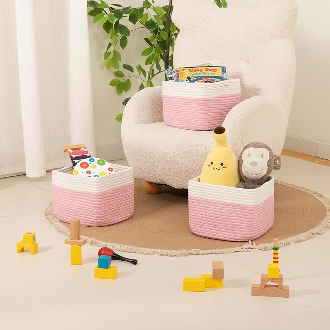 OIAHOMY 9”x9”x7” Storage Cubes, Cotton Rope Woven Baskets for Organizing, Cube Storage Bin, Small Gift Basket for Shelf, 3-Pack, Pink&White