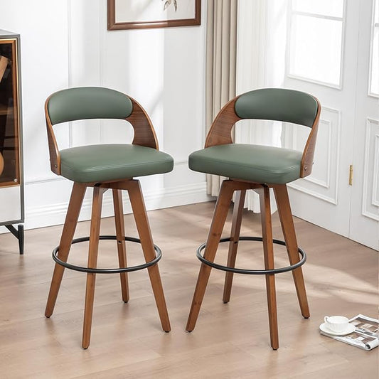 Barstools Set of 2,Bar Height Bar Stools for Kitchen Island,30.3 Inch Modern Upholstered Bar Chair, Swivel Bar Stools with Back and Wood Legs(Green-PU)