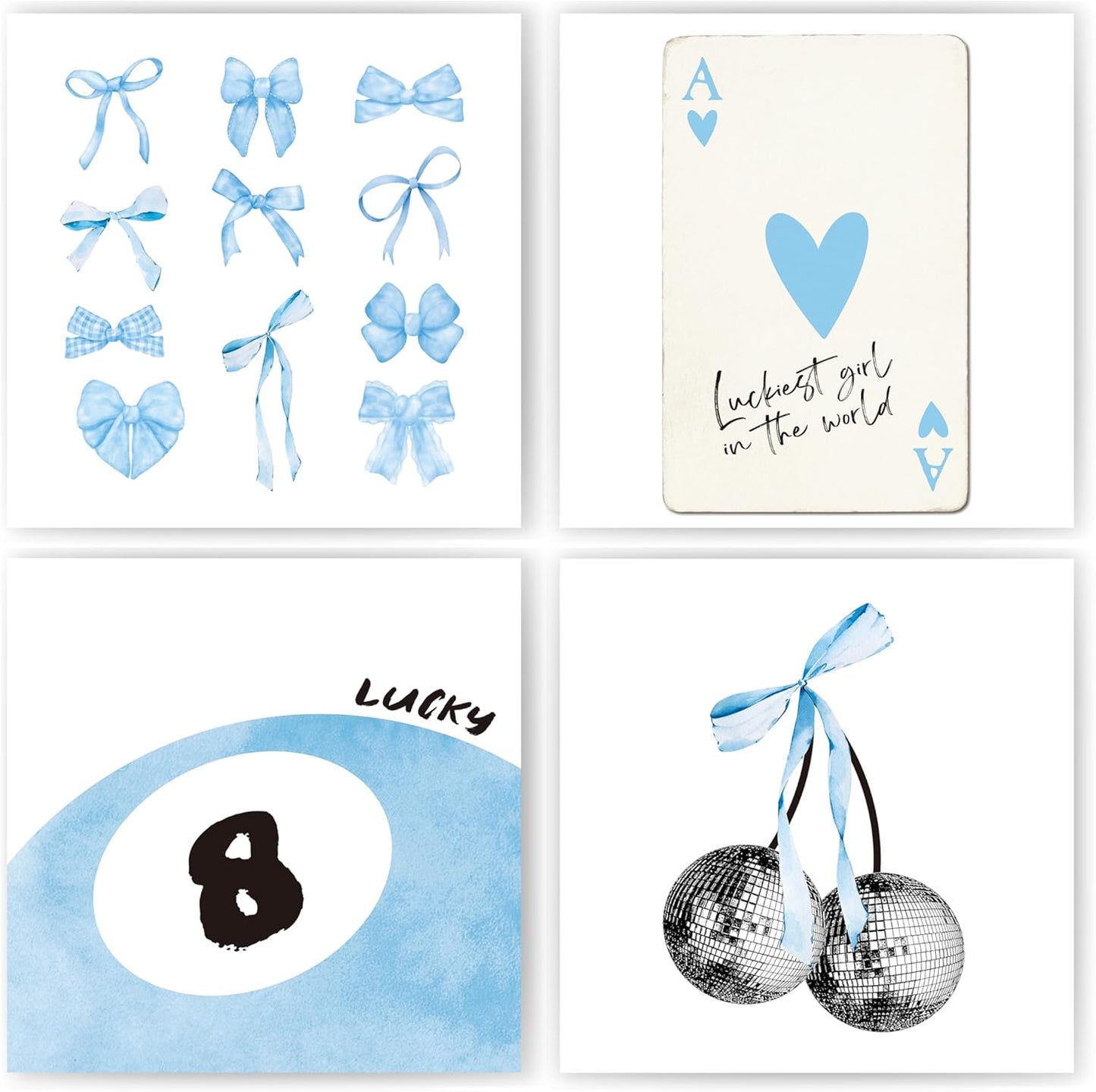 okaxscm Blue Coquette Trendy Preppy Wall Art Prints Set of 4, Coquette Room Decor, Preppy Room Decor Aesthetic, Blue Bow Disco 8 Ball Cherry Wall Decor Posters for Girls Bedroom Dorm, 10x10 Unframed