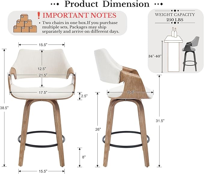 26 Inch Modern Barrel Swivel Counter Stools Counter Height Swivel Bar Stools with Backs Set of 2, Cream Linen Upholstered Bar Height Island Chairs, Farmhouse Solid Wood Barstools for Kitchen Island