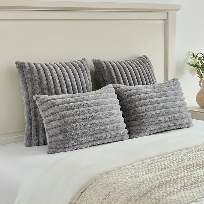 FUTEI Grey Striped Decorative Throw Pillow Covers 20x20 Inch Set of 2,Square Fall Decorations Couch Pillow Case,Soft Cozy Faux Rabbit Fur & Velvet Back,Modern Home Decor for Bed