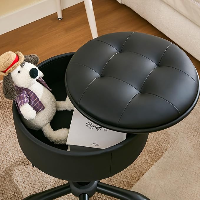 Rolling Stool, Adjustable Height Leather Esthetician Stool Thick Seat Cushion 20.67"-24.61", Black Vanity Chair with Storage