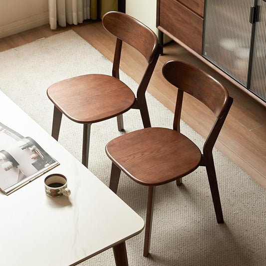 Mid Century Oak Wood Dining Chairs Set of 2, 100% Solid Wood Kitchen Chair with Rounding Edges & Curved Backrest, Modern Armless Accent Dining Chairs for Kitchen Dining, Walnut