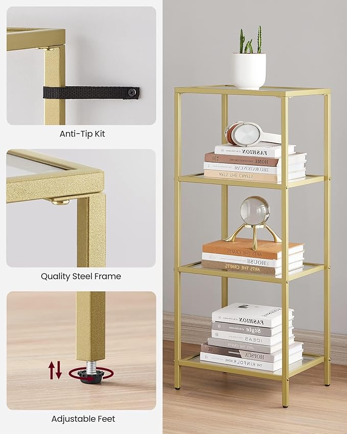 VASAGLE Bookcase, 4-Tier Bookshelf, Slim Shelving Unit for Bedroom, Bathroom, Home Office, Tempered Glass, Steel Frame, Metallic Gold ULGT28G