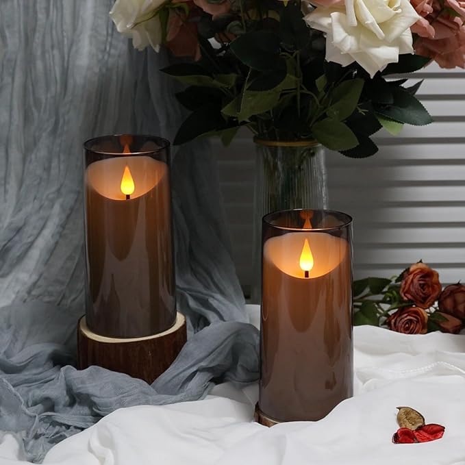 NURADA Flameless Candles with Remote Timer: 3D Wick Battery Operated Led Pillar Candle Unbreakable Acrylic Fake Candle Set for Home Decoration Romantic Ambiance- Grey 2 Pack