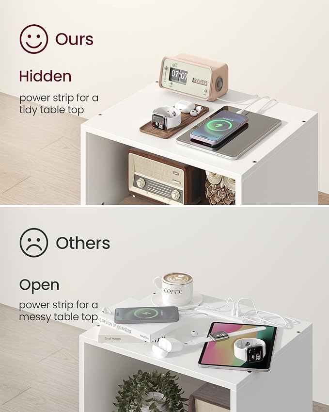 Record Player Stand, 3-Tier Side End Table with Charging Station, Turntable Stand Up to 160 Albums, Vinyl Storage Cabinet Dispaly Shelf for Living Room, Classic White