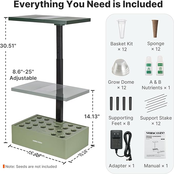SUNCOZE Hydroponics Growing System Kit 20 Pods, Indoor Herb Garden with Grow Light 30W, 10L Large Water Tank with Adjustable Height to 25", Built-in Pump, Gardening Gifts, Avocado Green