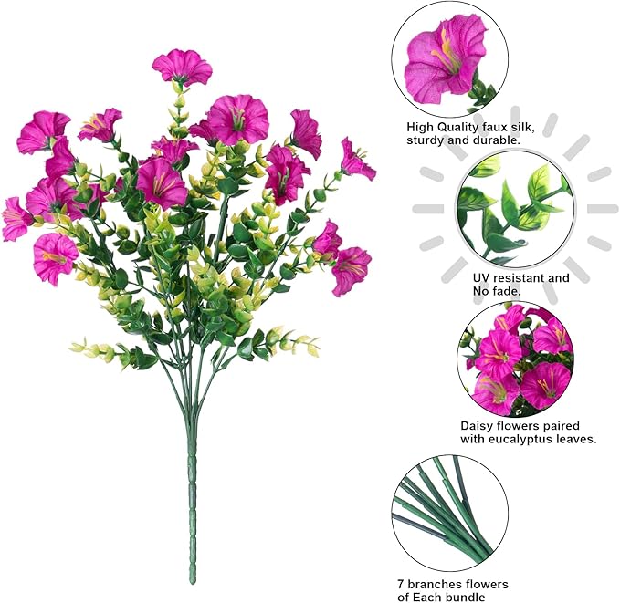 Artificial Flowers Fake Plants for Outdoors Decoration, 12 Bundles Silk Morning Glory with Eucalyptus Realistic UV Resistant Fuchsia Faux Flowers for Outside Planter Yard Patio Garden Home Indoor
